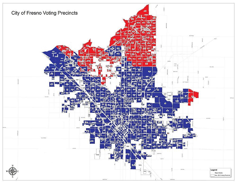 Voting pattern in the City of Fresno Blue = Precincts voting for Barack Obama Red = Precincts voting for Mitt Romney Many people believe that Fresno is a conservative community. To help dispel that myth, the Community Alliance newspaper has produced this map that illustrates voting patterns in the City of Fresno. This map not only shows overwhelming support for the more progressive candidate in the race but also shows what many refer to as the “Tale of Two Cities.” The affluent north Fresno precincts voted for Mitt Romney and the rest of the city voted for Barack Obama.  It is interesting to note that the voter turnout in the far north precincts is much higher than it is in the rest of the city. For example, Precinct 366 (Cedar and International) had 81% voter turnout and 77% voted for Romney. On the other end of town, in Precinct 8 (Church and Elm), we saw 39% voter turnout, with 96% voting for Obama. If voter turnout was the same throughout the city, Republican Party candidates would not have a chance, except in their increasingly isolated corner of the city.