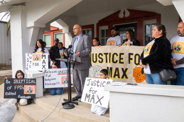 Attorney Kevin Little and relatives and friends of Max Sosa at a press conference on Jan. 12. Photo by Eduardo Stanley