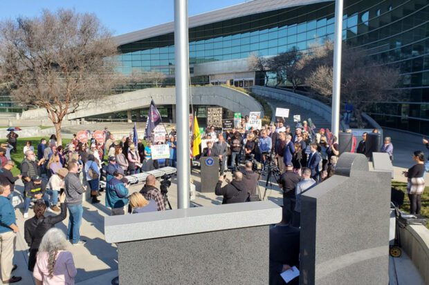 Politicians, preachers, priests and Republicans rallied in front of City Hall in 2022 to oppose a resolution in support of reproductive freedom, testing local Democrats’ mettle. Photo by Kevin Hall