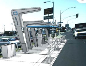 An artist’s illustration of what the new BRT bus stops would look like.