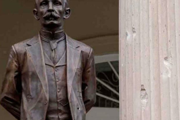 José Martí statue at the Cuban Embassy in Washington, D.C., which was struck by AK-47 bullets. Photo courtesy of the Granma newspaper