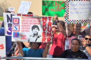 Protesters outside Trump rally at Selland Arena. Image by Howard Watkins.