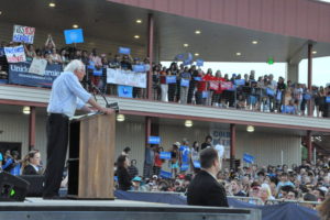 Bernie Sanders speaks to his supporters at Paul Paul Theater at the Fresno Fairgrounds. Image by Howard Watkins
