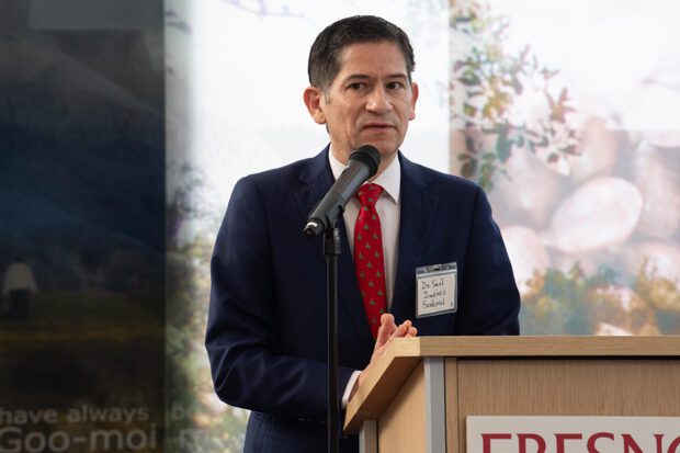 Dr. Saúl Jiménez Sandoval, president of Fresno State, during his presentation at the “76th Commemoration of Human Rights Day: An Event Honoring the Dedication and Work of Dr. Sudarshan Kapoor,” on Dec. 7. Photo by Peter Maiden