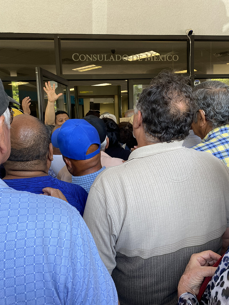 Ciudadanos mexicanos pugnan por entrar al Consulado de México en Fresno para poder votar. Hubo desorganización por parte del INE y decenas de personas no pudieron votar. Foto de Eduardo Stanley
