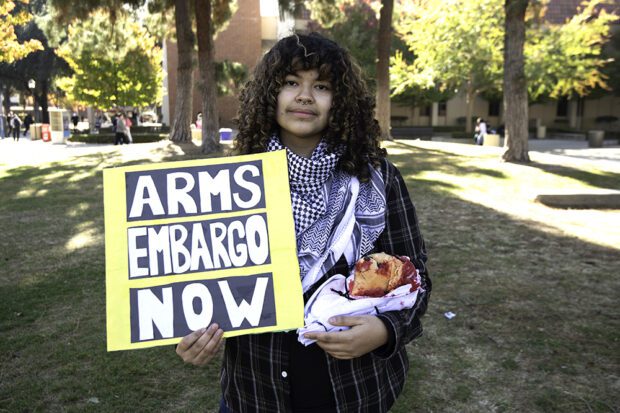 Student Dante Mendoza at a Nov. 19 protest for Palestine on the Fresno City College campus. Photo by Peter Maiden