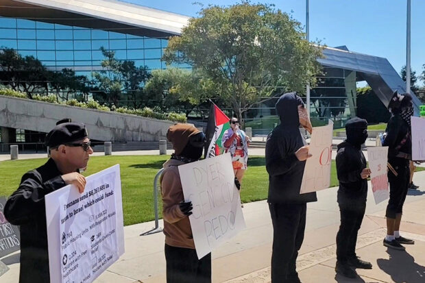 Fresno Brown Berets at Fresno City Hall on May 16 calling for divestment and a ceasefire. Photo by Bob McCloskey