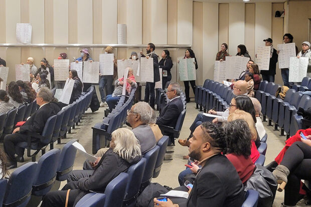 Community members calling for a ceasefire resolution at the Jan. 11 Fresno City Council meeting. Photo by Bob McCloskey