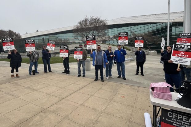 City of Fresno Professional Employees Association members on strike on Dec. 17 for fair wages and respect. Photo by Bob McCloskey