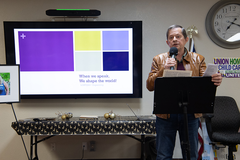 Eduardo Stanley, editor of the Community Alliance newspaper, updated us about what is going on with the newspaper and our plans for the future. Photo by Peter Maiden
