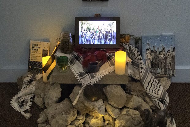 An installation at Arte Américas in Fresno honors Palestinian victims for the Day of the Dead. Photo by Peter Maiden