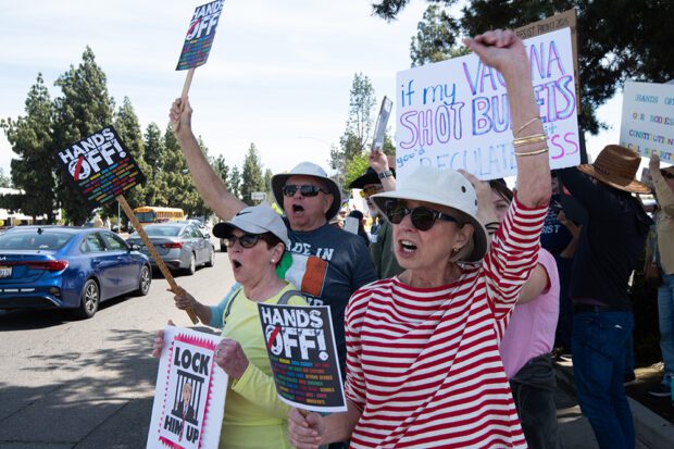On April 5, more than 2,000 people marched in Fresno in opposition to the authoritarian rule of President Trump. Photo by Peter Maiden