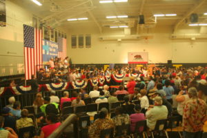 Gym filling up at the Hillary Clinton rally at Edison High School. Image by Hannah Brandt