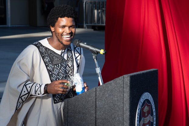 Dr. Siyabulela Mandela, human rights scholar and great-grandson of Nelson Mandela, at the unveiling of a statue of Nelson Mandela at Fresno State’s Peace Garden. Photo by Peter Maiden