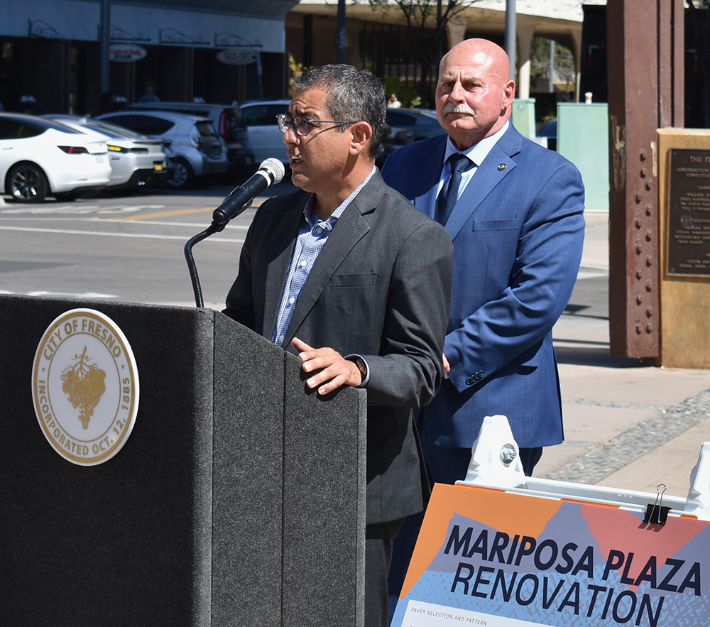 In his presentation at a press conference announcing the renovation of Mariposa Plaza, Fresno City Council Member Miguel Arias mentioned the importance of preserving the historical landmark honoring the Industrial Workers of the World. Photo by Mike Rhodes