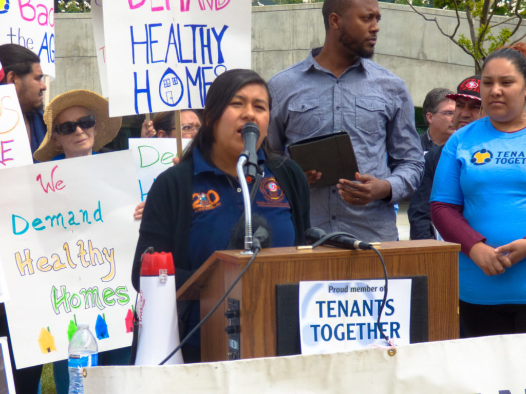 Zenaida Ventura, El Centro Binacional para el Desarrollo Indígena Oaxaqueño (CBDIO), speaking during a tenants’ rights rally in front of the Fresno City Hall. The group unveiled three demands, one of them being that slumlords be sued if they fail to make repairs.