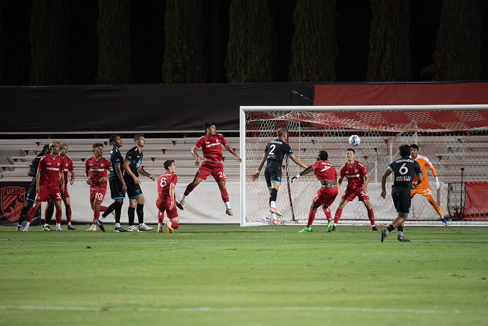 A corner kick by Spokane soared across the goal mouth. Photo by Peter Maiden