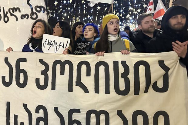 Students march in central Tbilisi, chanting “Down with oligarchy!” Photo by Zarina Zabrisky