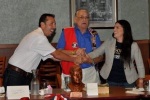 Cary Catalano and Esmeralda Soria spoke at the Kennedy Club of the San Joaquin Valley. Ray Ensher (center) is the group’s past president. Photo by Howard Watkins