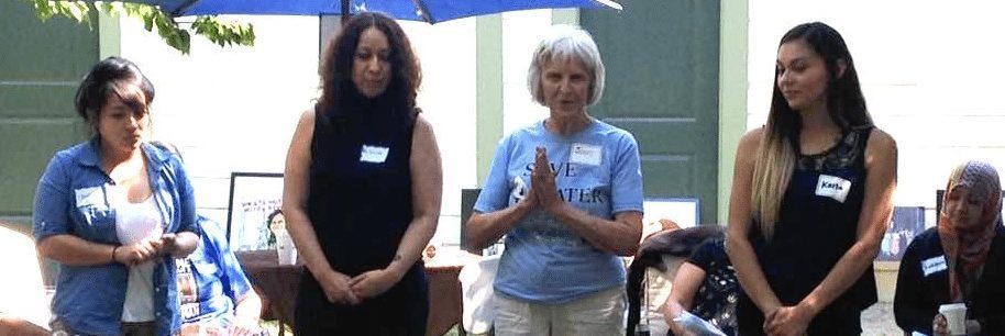 Christie Lee, Veronica Dominguez,  supervisor Joan Poss, Karla Aguilar: Joan introduces the interns at the WILPF Retreat August 27