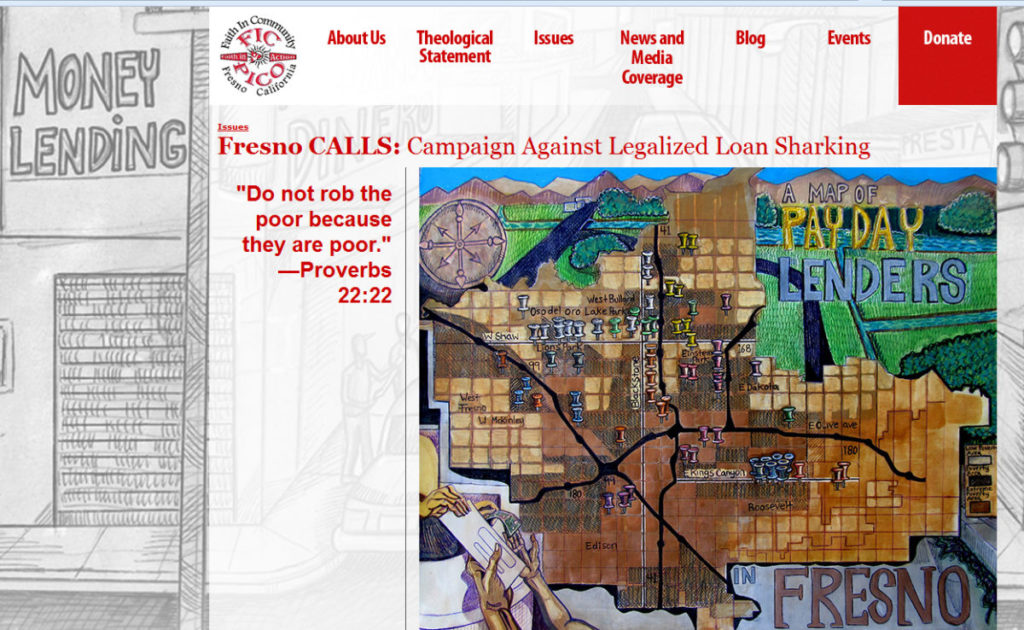 Faith In Community’s Web site includes a map of where payday lender outlets are located in the city of Fresno, particularly highlighting their concentration in higher-poverty, “working poor” neighborhoods, on major thoroughfares (particularly Blackstone and Shaw avenues) and next to one another. Map by Zack Luchetti