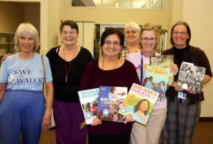 Book presentation at the West Fresno library. From left to right: Joan Poss, Ann Carruthers, Abby Rivera (West Fresno librarian), Patty Bennett, J. Butterfield (West Fresno librarian) and Jennifer Bethel (traveling librarian). Photo by Sandra Rios Balderrama