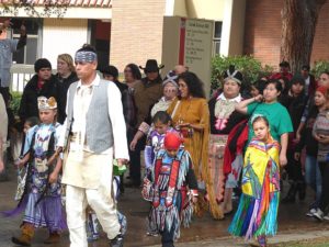 Before the unveiling of the Yokuts Plaza monument, hundreds participated in a procession from the City of Fresno City College’s Old Administration Building to the location of Yokuts Plaza. People from diverse backgrounds and Native elders blessed the campus along the way.